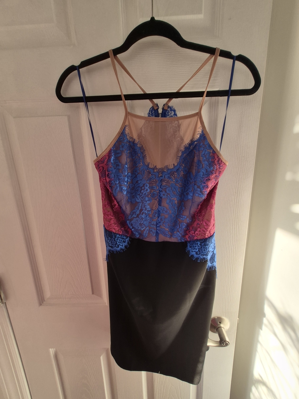 Topshop Strapless Lace Colorblock Dress in Blue, Pink and Black